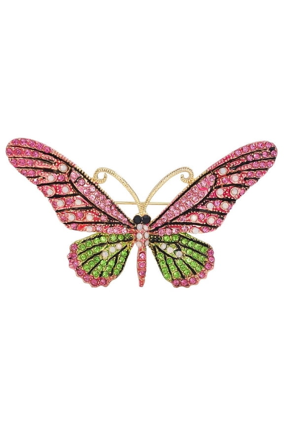 Gold Tone Pink Green Crystal Rhinestone Butterfly Pin Brooch