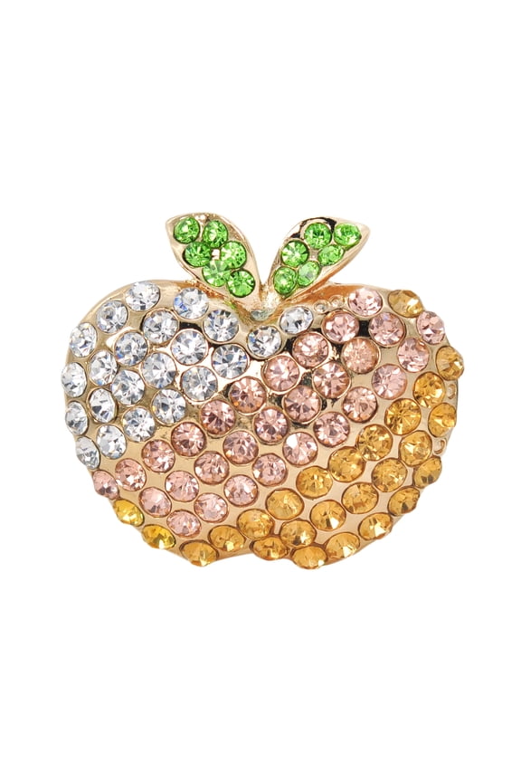 Golden Tone Sparkly Yellow Light Peach Colored Crystal Rhinestones Fruit Apple Pin Brooch