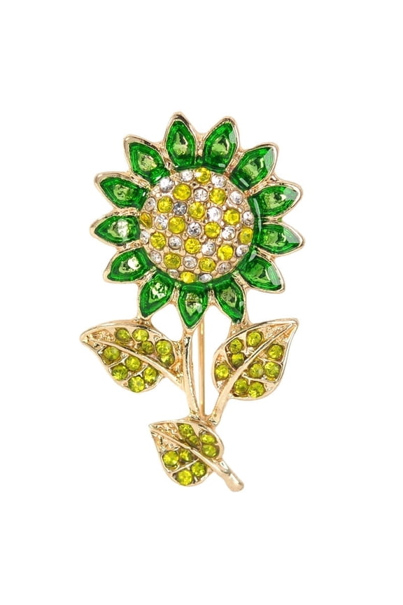 Gold Tone Yellow Colored Crystal Rhinestone Sunflower Enamel Flower Pin Brooch