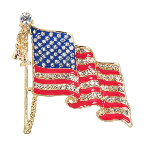 Gyn&Joy Golden Tone America USA Patriotic Clear Crystal Rhinestones Red Stripes Enamel Waving Flag Brooch Pin
