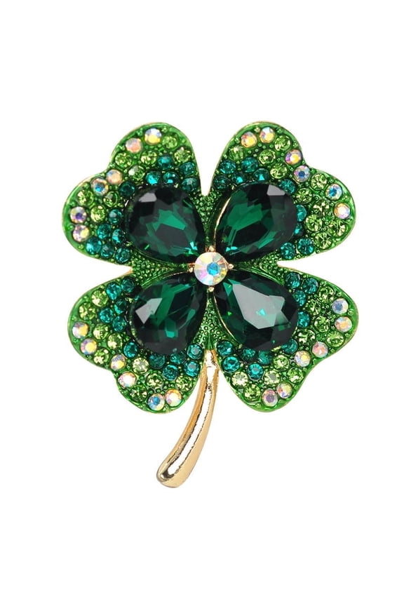 Golden Tone Aurora Borealis Peridot Green Crystal Rhinestone Lucky Four Leaf Clover Pin Brooch