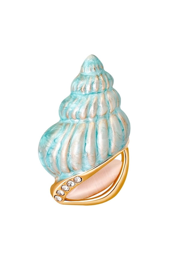 Golden Tone Blue Enamel Rhinestone Conch Ocean Sea shell Brooch Pin