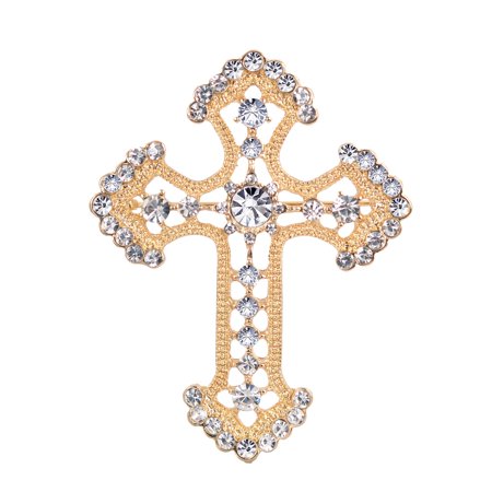 Gyn&Joy Holy Cross Clear, Crystal Rhinestones Brooch Pin, Golden Tone
