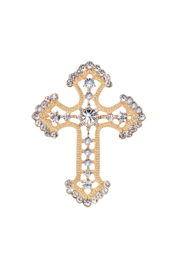 Holy Cross Clear, Crystal Rhinestones Brooch Pin, Golden Tone
