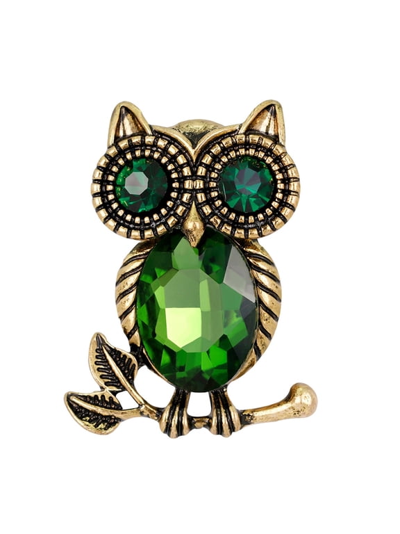 Golden Tone Emerald Green Colored Crystal stone Owl Bird Brooch Pin (Green)