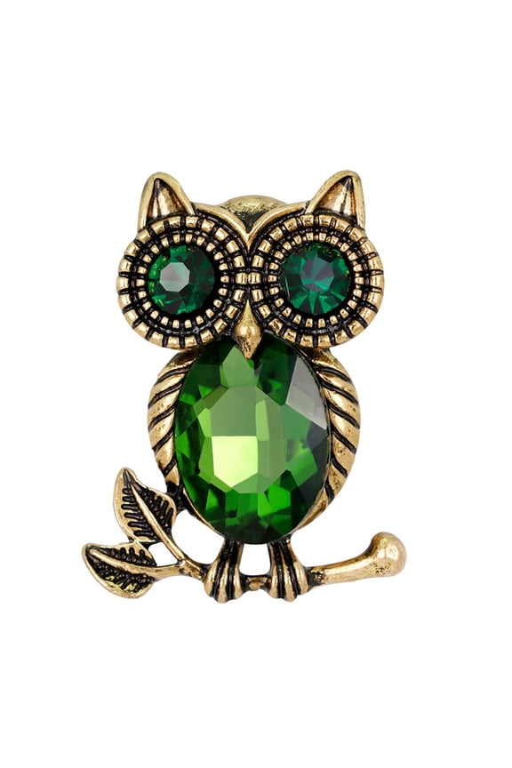 Golden Tone Emerald Green Colored Crystal stone Owl Bird Brooch Pin (Green)