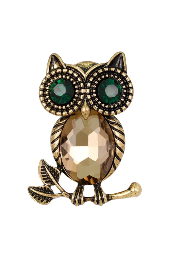 Owl Bird Emerald Green Colored, Crystal Stone Brooch Pin, Golden Tone