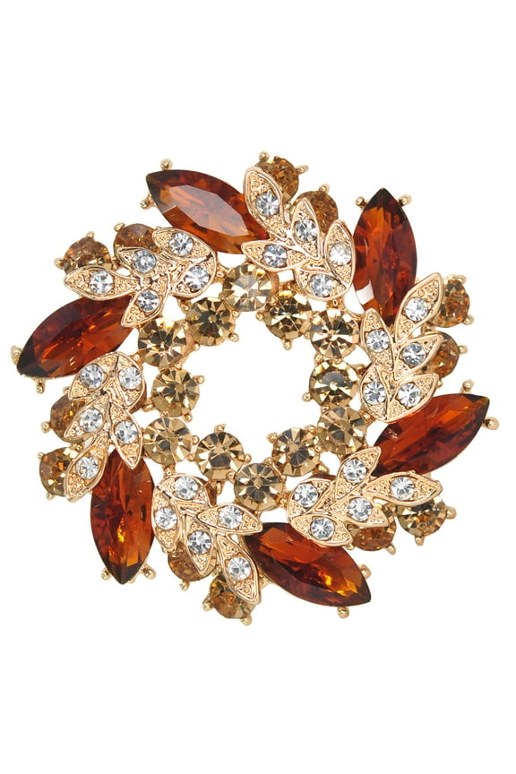 Golden Tone Topaz Crystal Rhinestone Autumn Leaf Flower Wreath Brooch