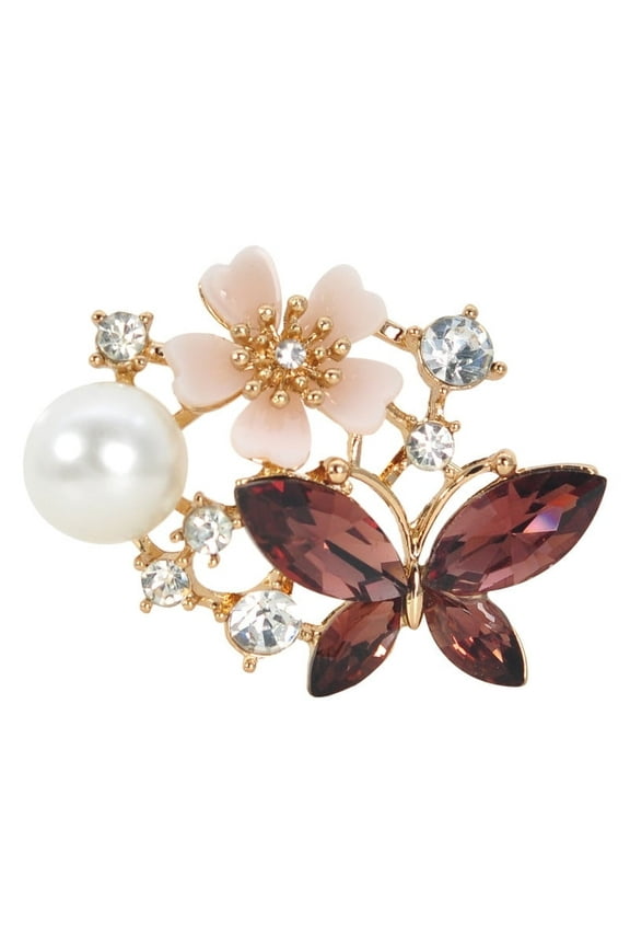 Grape Purple Crystal Rhinestone Floral Butterfly Brooch Pin With Faux Pearl