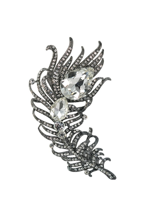Gunmetal Tone Crystal Clear Rhinestone Large Feather Brooch Pin For Women