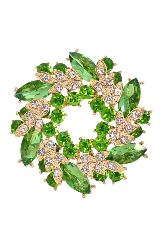 Old Fashion Jewelry Green Crystal Rhinestones Leaf Floral Wreath Pin Brooch