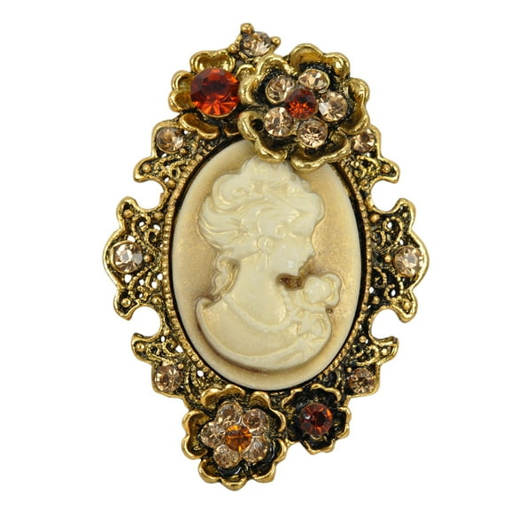 Gyn&Joy Old Style Cameo Lady Maiden Flower Crystal, Rhinestone Pin Brooch