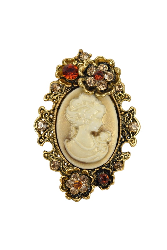 Old Style Cameo Lady Maiden Flower Crystal, Rhinestone Pin Brooch