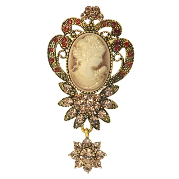 Old Style Victorian Lady Crystal Rhinestone Cameo Maiden Pin Brooch