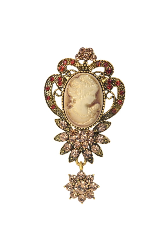 Old Style Victorian Lady Crystal Rhinestone Cameo Maiden Pin Brooch