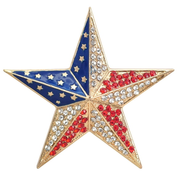 Gyn&Joy Patriotic Red Gold Blue USA American Rhinestone Flag Star Pin Brooch For 4th of July Independence Day