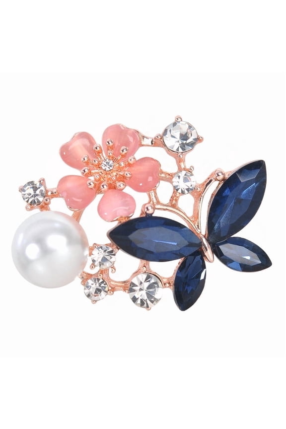Rose Gold Tone Blue Sapphire Colored Butterfly Crystal Rhinestone Flower Pearl Brooch Pin