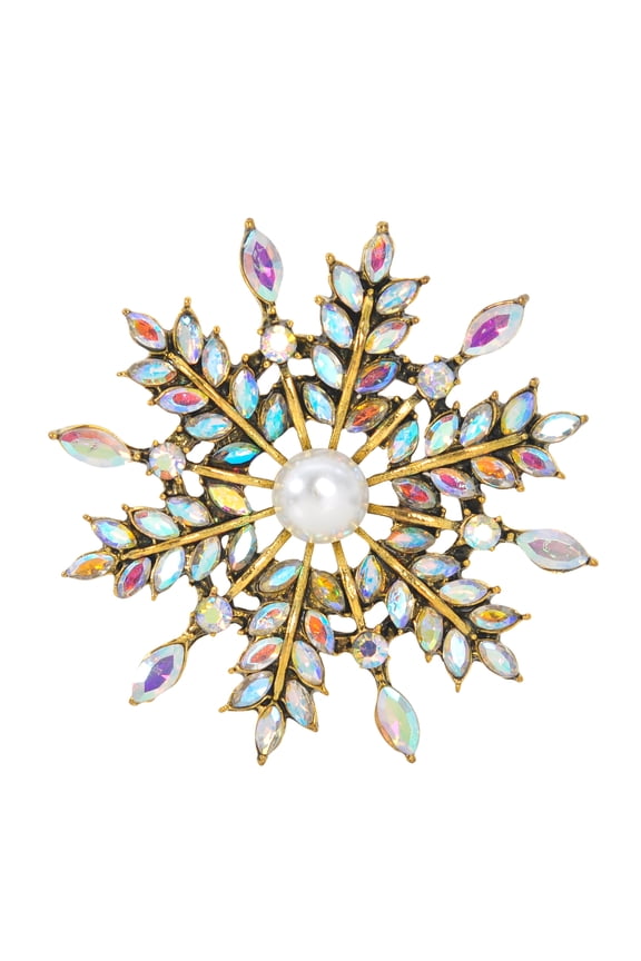 Shine Ab Crystal Rhinestones Flower Floral Wedding Christmas Gold Snowflake Brooch