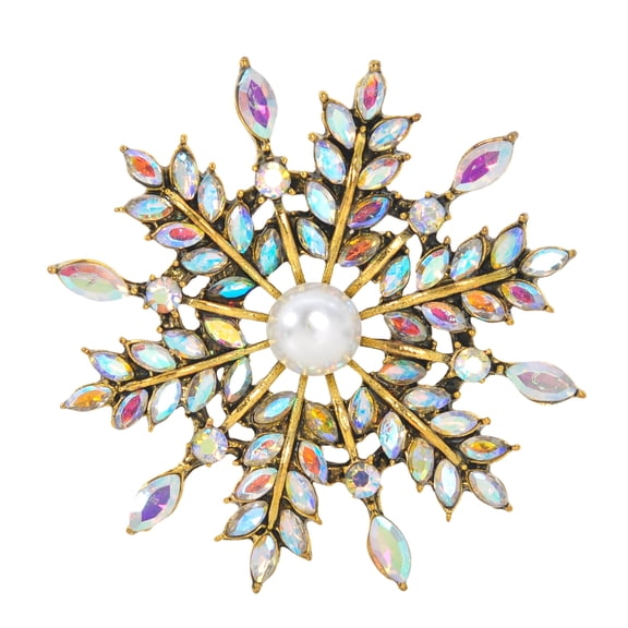 Gyn&Joy Shine Ab Crystal Rhinestones Flower Floral Wedding Christmas Gold Snowflake Brooch