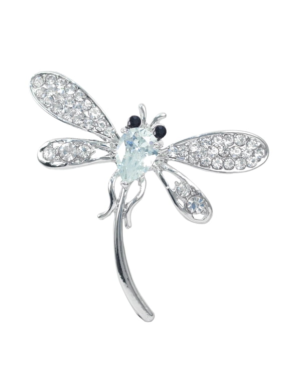 Silver Tone Clear Crystal Rhinestone Cubic Zirconia Stone Dragonfly Flying Insect CZ Brooch Pin