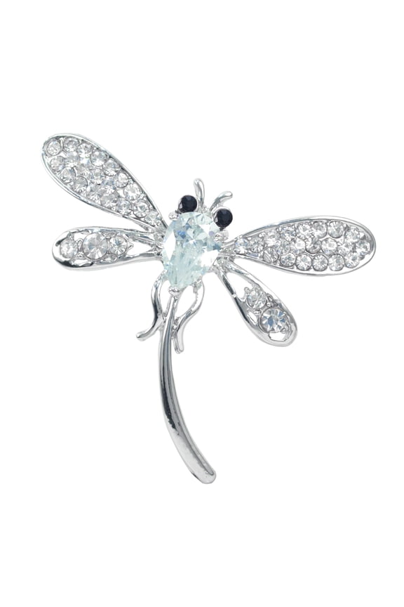 Silver Tone Clear Crystal Rhinestone Cubic Zirconia Stone Dragonfly Flying Insect CZ Brooch Pin