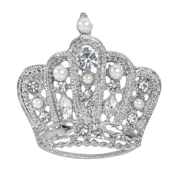 Gyn&Joy Silvery Faux Pearl Clear Crystal Rhinestone Royal Crown Pin Brooch
