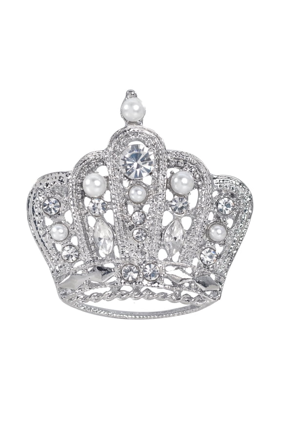 Silvery Faux Pearl Clear Crystal Rhinestone Royal Crown Pin Brooch
