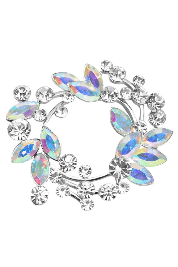 Silvery Tone Aurora Borealis Wedding Floral Wreath Brooch Pin for Women
