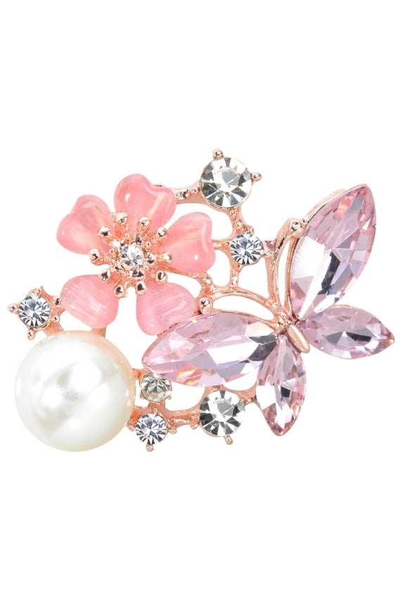 Silvery Tone Crystal Rhinestone Flower Deep Blue Butterfly Pearl Flower Brooch