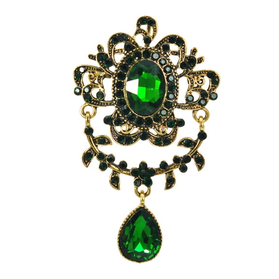 Gyn&Joy Golden Tone Green Crystal Rhinestone Floral Teardrop Brooch Pin Costume Wedding Formal Accessory