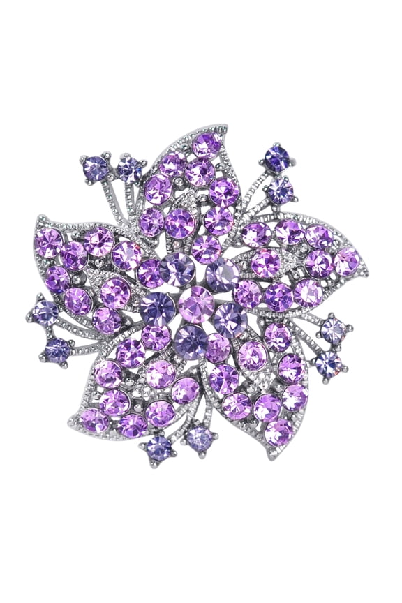 Lily Floral Purple Violet, Crystal Rhinestones Wedding Brooch Pin, Silvery Tone