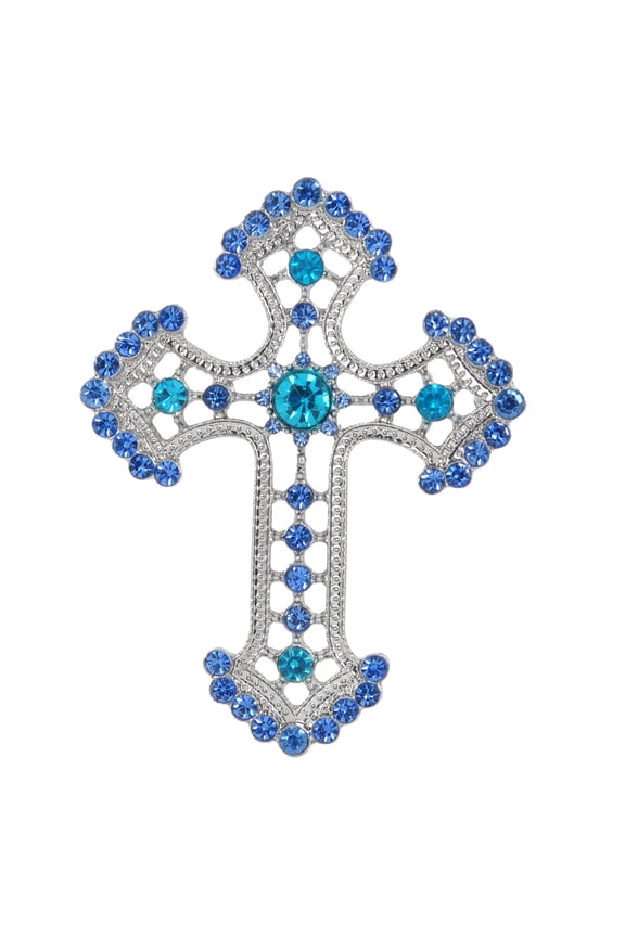 Sparkle Crystal Rhinestones Holy Cross Brooch Pin Jewelry For Women Men (Aqua/Light blue)