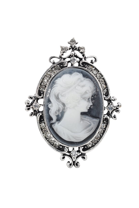Vintage Style Victorian Lady Maiden, Crystal Rhinestone Cameo Pin Brooch