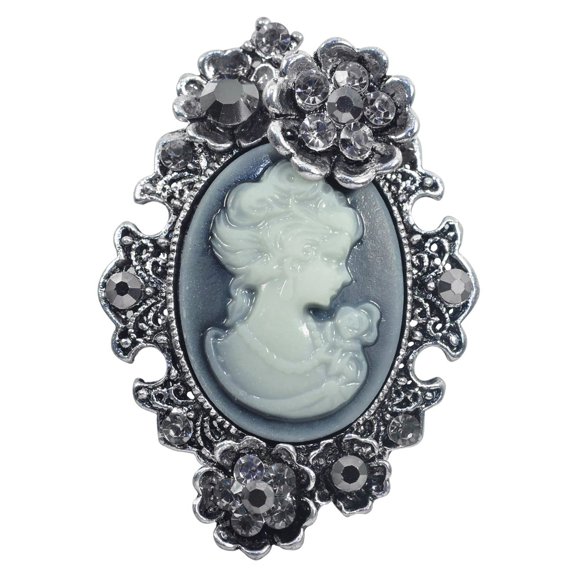 Vintage Style Grey Cameo Lady Maiden Floral Crystal Rhinestone Brooch Pin