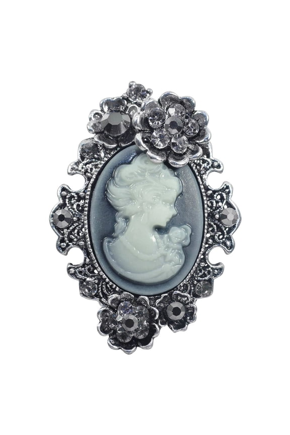 Vintage Style Grey Cameo Lady Maiden Floral Crystal Rhinestone Brooch Pin