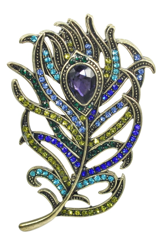 Women's Green Blue Colored Rhinestones Peacock Feather Pin Brooch BZ035S