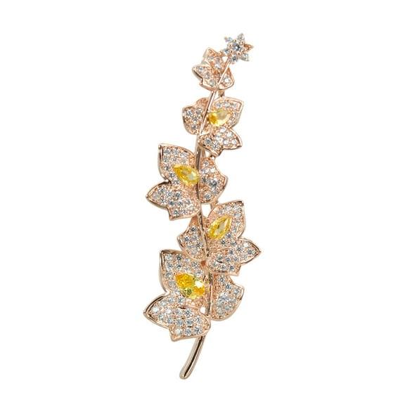 Women's Rose Gold Plated Yellow And Clear Cubic Zirconia Wedding Bridal Flower Leaf Brooch
