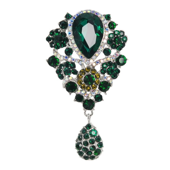 Gyn&Joy Women's Silver-Tone Rhinestone Crystal Green Teardrop Bridal Party Prom Jewelry Brooch