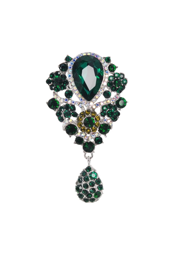 Women's Silver-Tone Rhinestone Crystal Green Teardrop Bridal Party Prom Jewelry Brooch