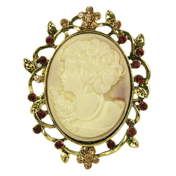 Gyn&Joy Womens Antique Gold Tone Topaz Rhinestones Flower Lady Cameo Brooch Pin