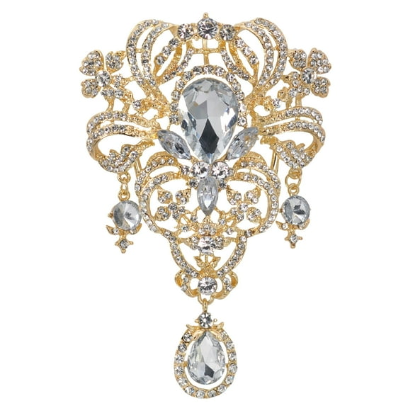 Womens Clear Crystal Rhinestones Large Flower Bouquet Tear Drop Pendant Brooch Pin (Clear Gold-Tone)