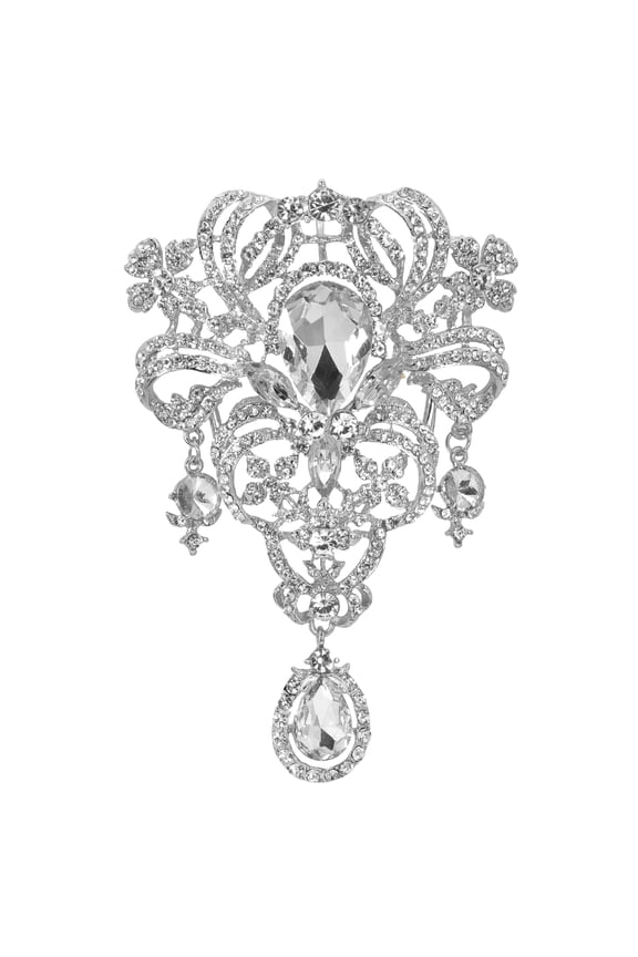 Womens Clear Crystal Rhinestones Large Flower Bouquet Tear Drop Pendant Brooch Pin (Clear Silver-Tone)
