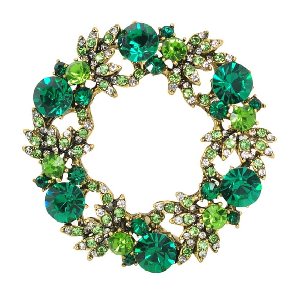 Gyn&Joy Flower Wreath Green, Crystal Rhinestone Brooch Pin, Antique Gold Tone