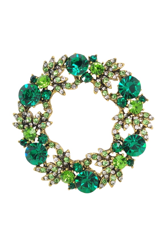 Flower Wreath Green, Crystal Rhinestone Brooch Pin, Antique Gold Tone