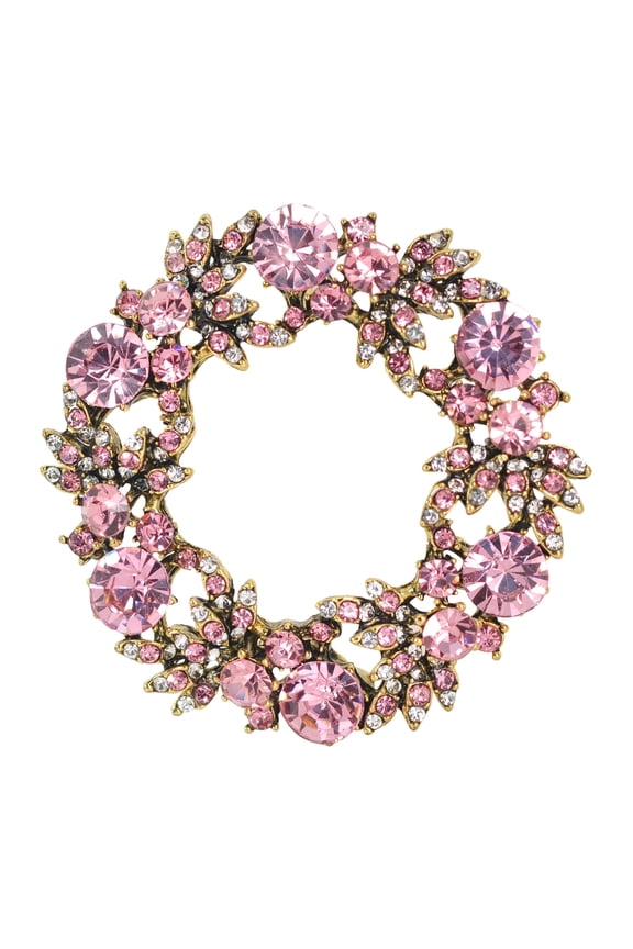 Womens Crystal Rhinestone Flower Wreath Wedding Holiday Fashion Jewelry Brooch Pin (Pink Antique Gold Tone)
