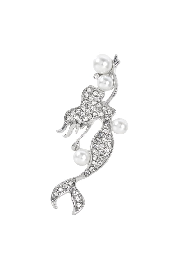 Women's Crystal Rhinestones Mermaid Design Jewelry Pin Brooch (Clear Silvery Tone)
