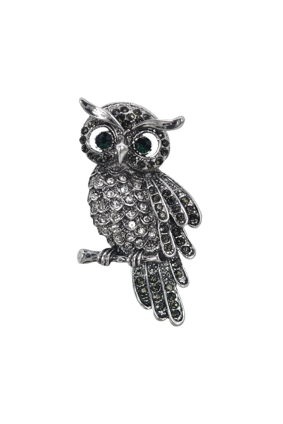 Perched Owl Bird Crystal, Rhinestones Brooch Pin, Silver Tone