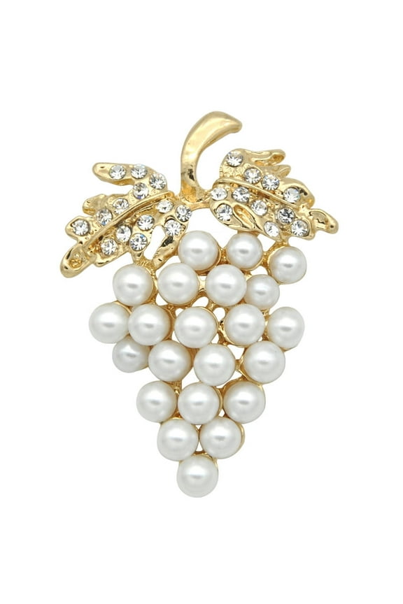 Womens Gold T one Faux Pearl White Grapes&Crystal Rhinestones Leaf Fruit Brooch Pin