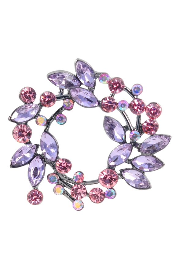 Womens Gunmetal Tone Violet Purple Pink Ab Crystal Rhinestone Floral Wreath Brooch Pin