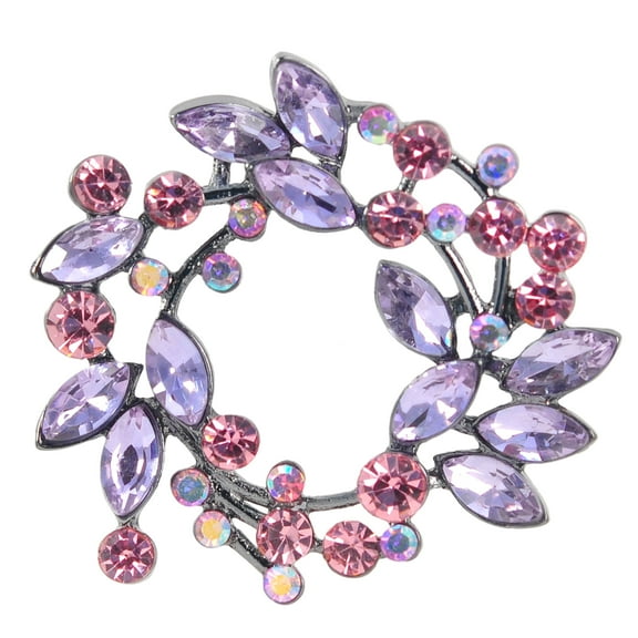 Womens Gunmetal Tone Violet Purple Pink Ab Crystal Rhinestone Floral Wreath Brooch Pin